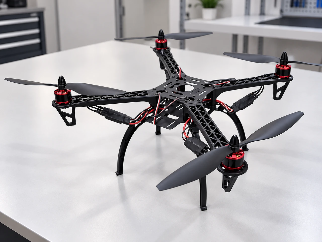 IAST quadcopter airframe with black structural arms and red motor housings on a workbench